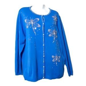 Bob Mackie Blue Embroidery Knit Cardigan Sweater L